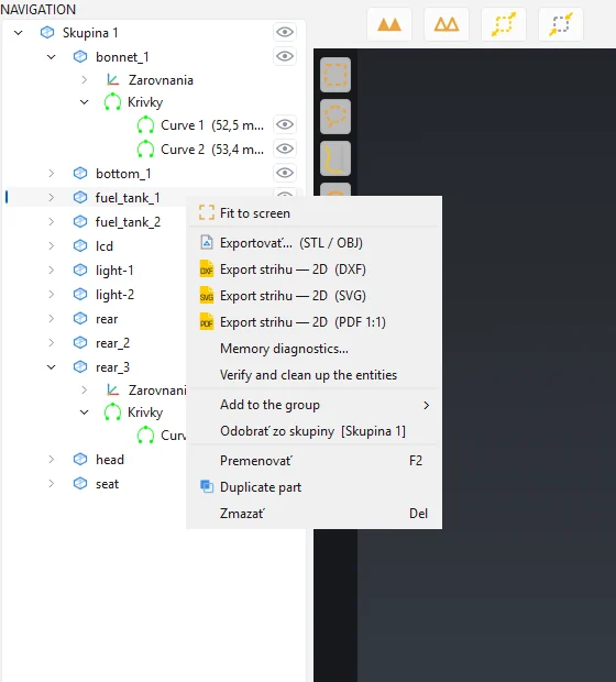 Part context menu with the export