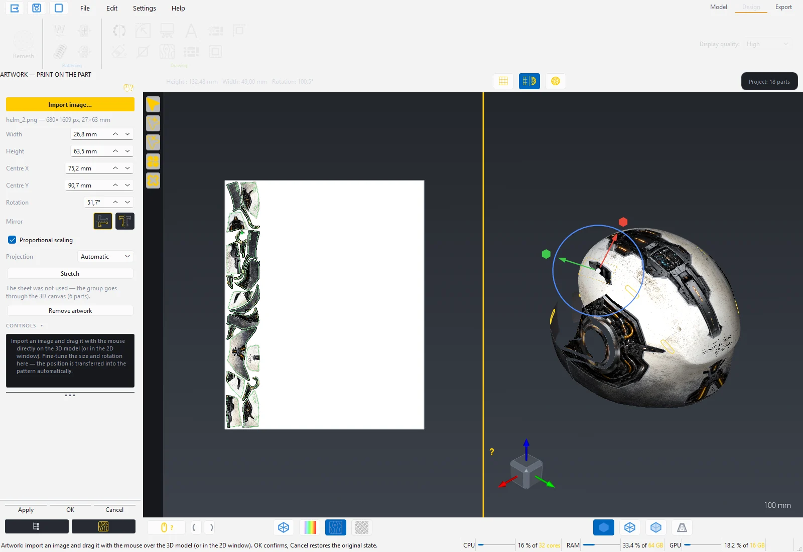 Artwork panel and the image on the 3D model with the gumball
