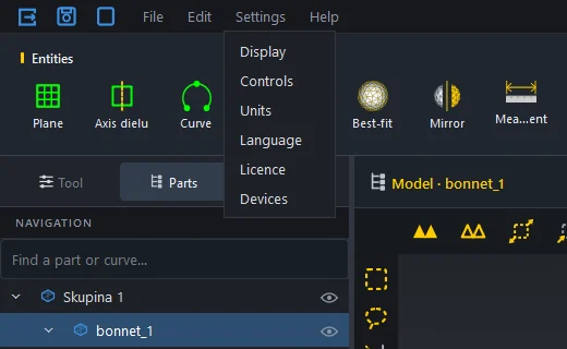 Settings menu
