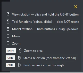 Mouse controls overview from the bottom bar