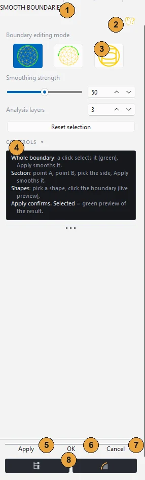 Tool panel with help, the CONTROLS section and the Apply, OK and Cancel buttons