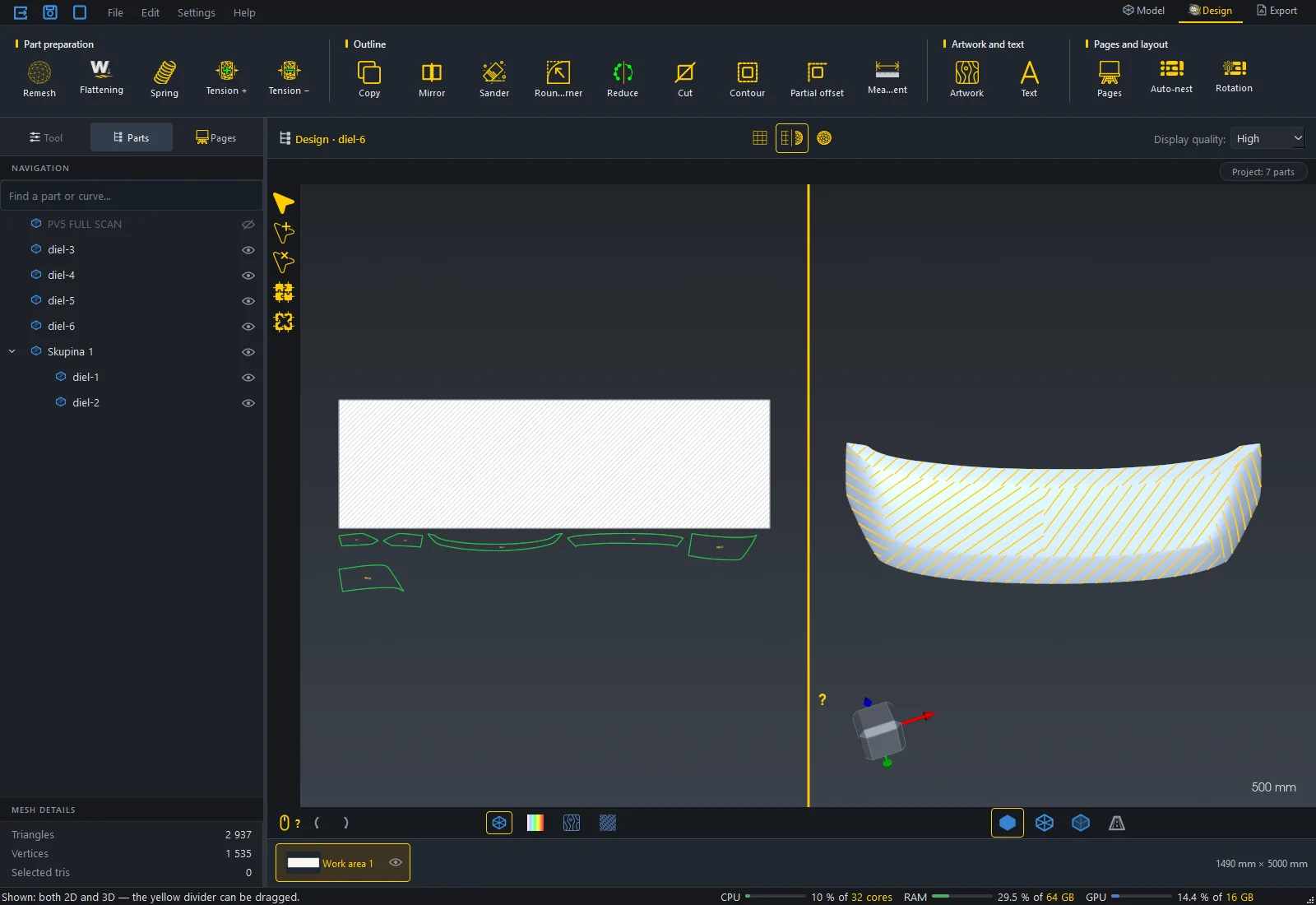 Grain direction on the 3D model of the bonnet