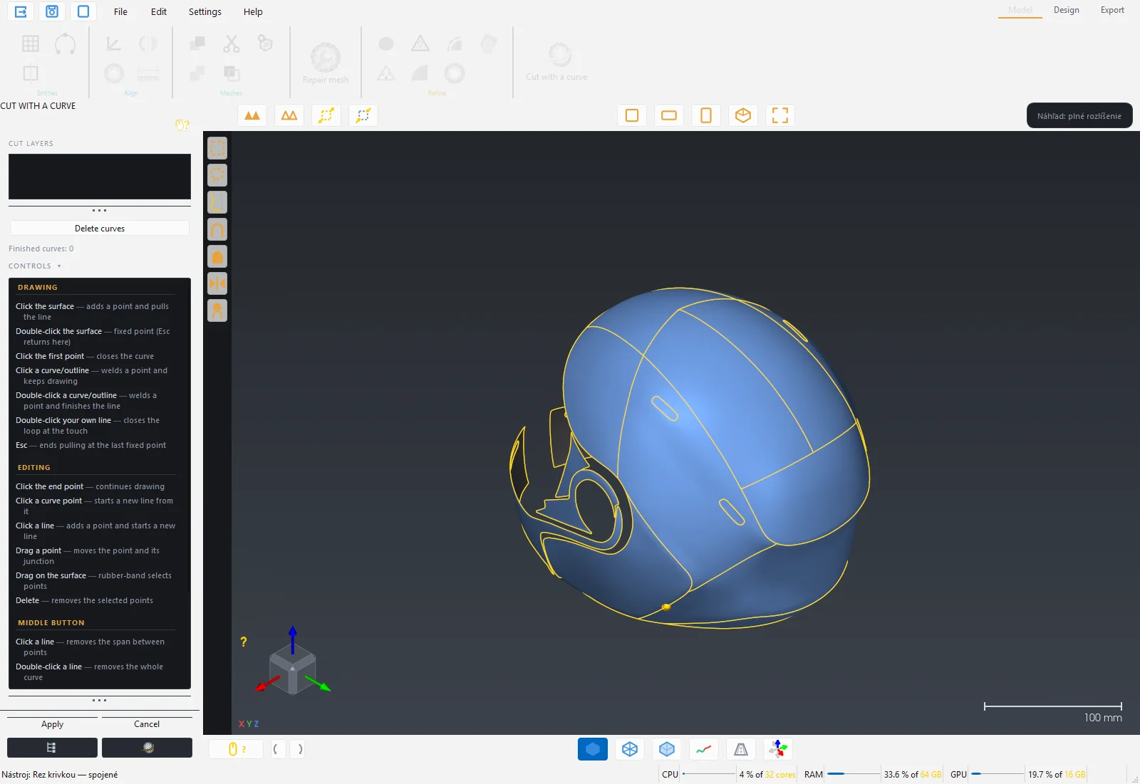 Cut with a curve: curves drawn on the surface of a helmet