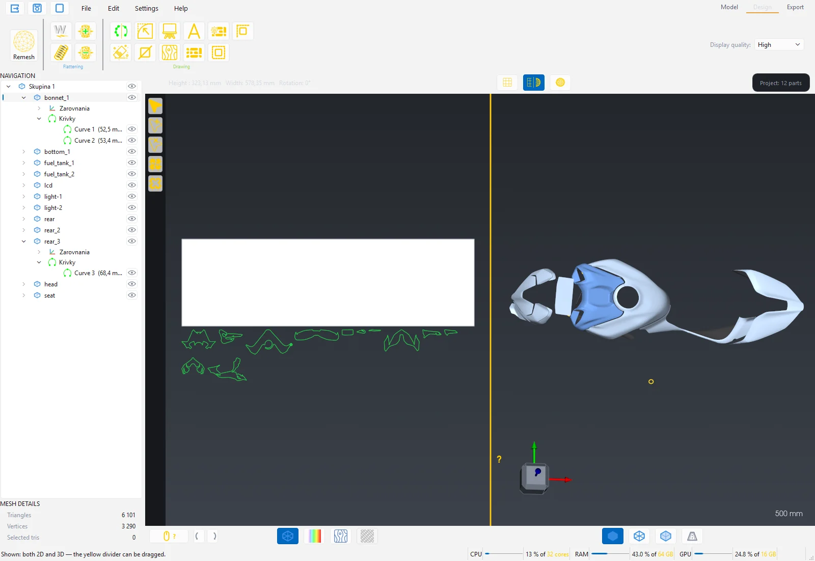 Part after flattening: the 2D pattern on the white area and the 3D model