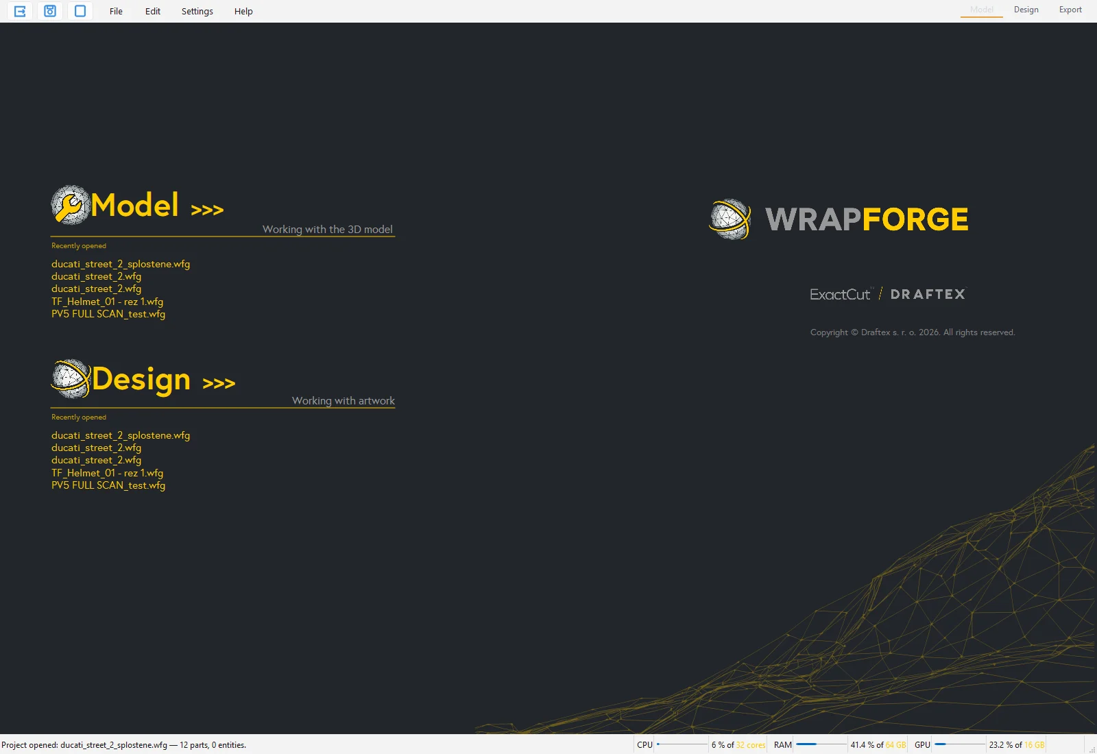 Start screen after launching the program