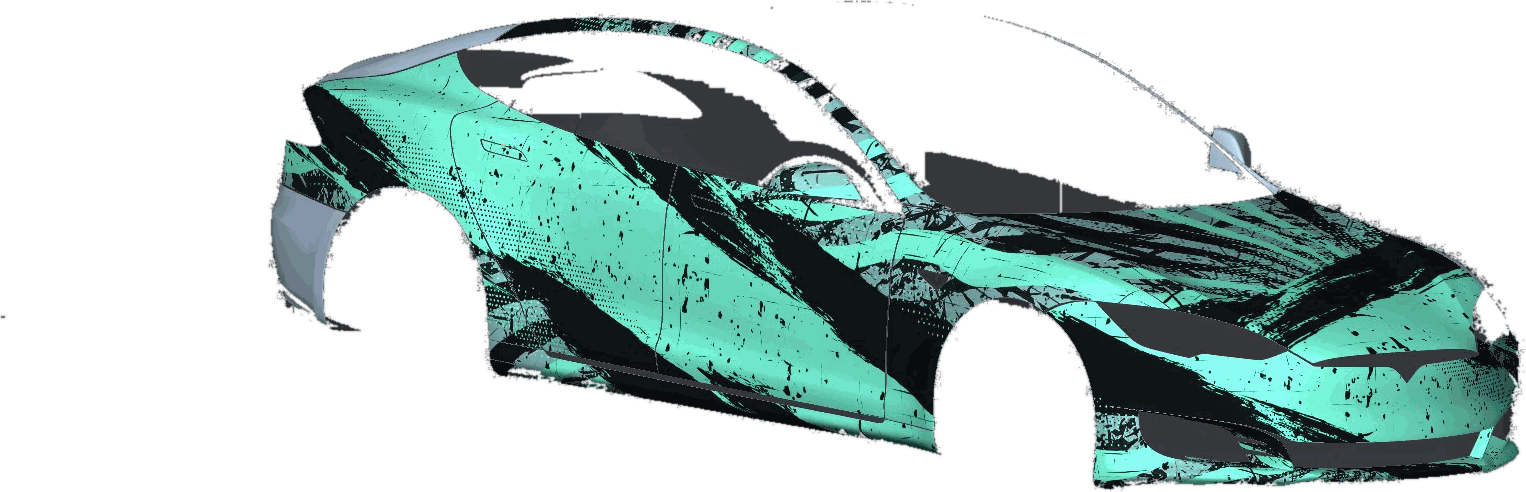 Karoséria auta s návrhom polepu zobrazeným na 3D modeli vo WrapForge