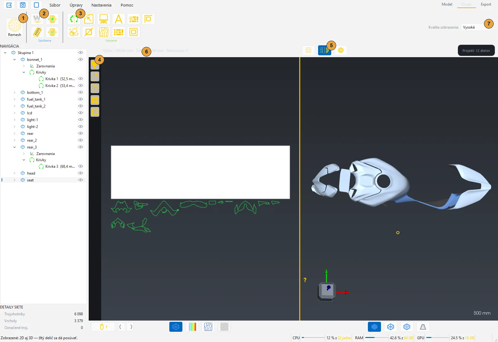 Stanica Dizajn s 2D strihom vľavo a 3D modelom vpravo
