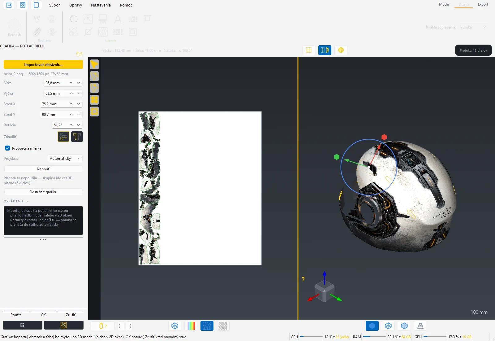 Panel Grafika a obrázok na 3D modeli s gumballom