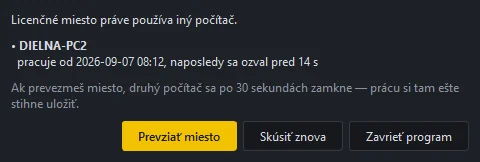 Okno obsadeného licenčného miesta